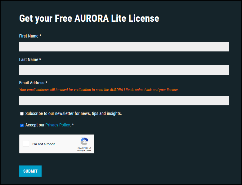 Aurora Lite registration form requesting contact details