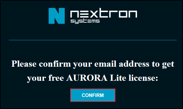 Aurora Lite email confirmation screen