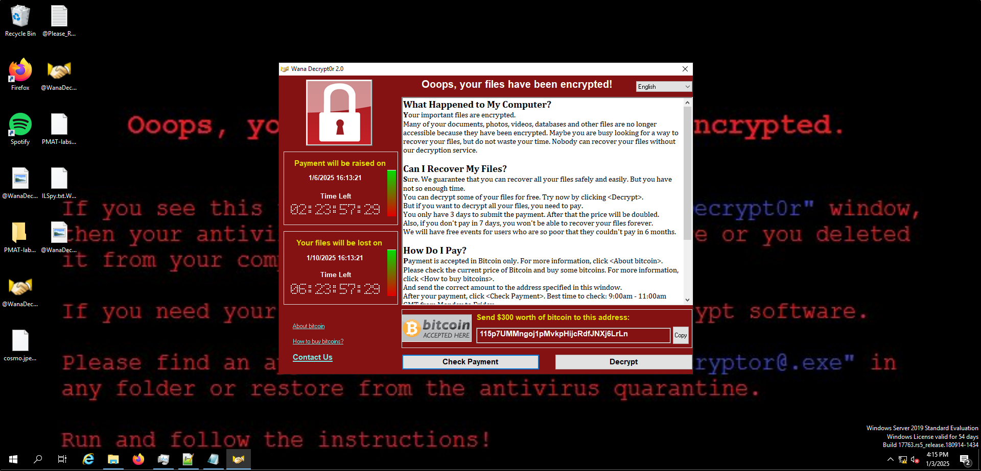 WannaCry activity visible on the isolated Windows endpoint