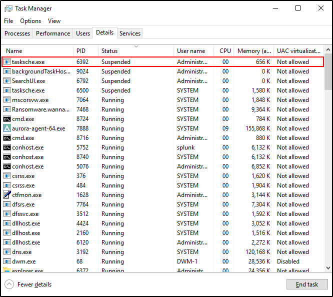 Aurora response evidence for the WannaCry process