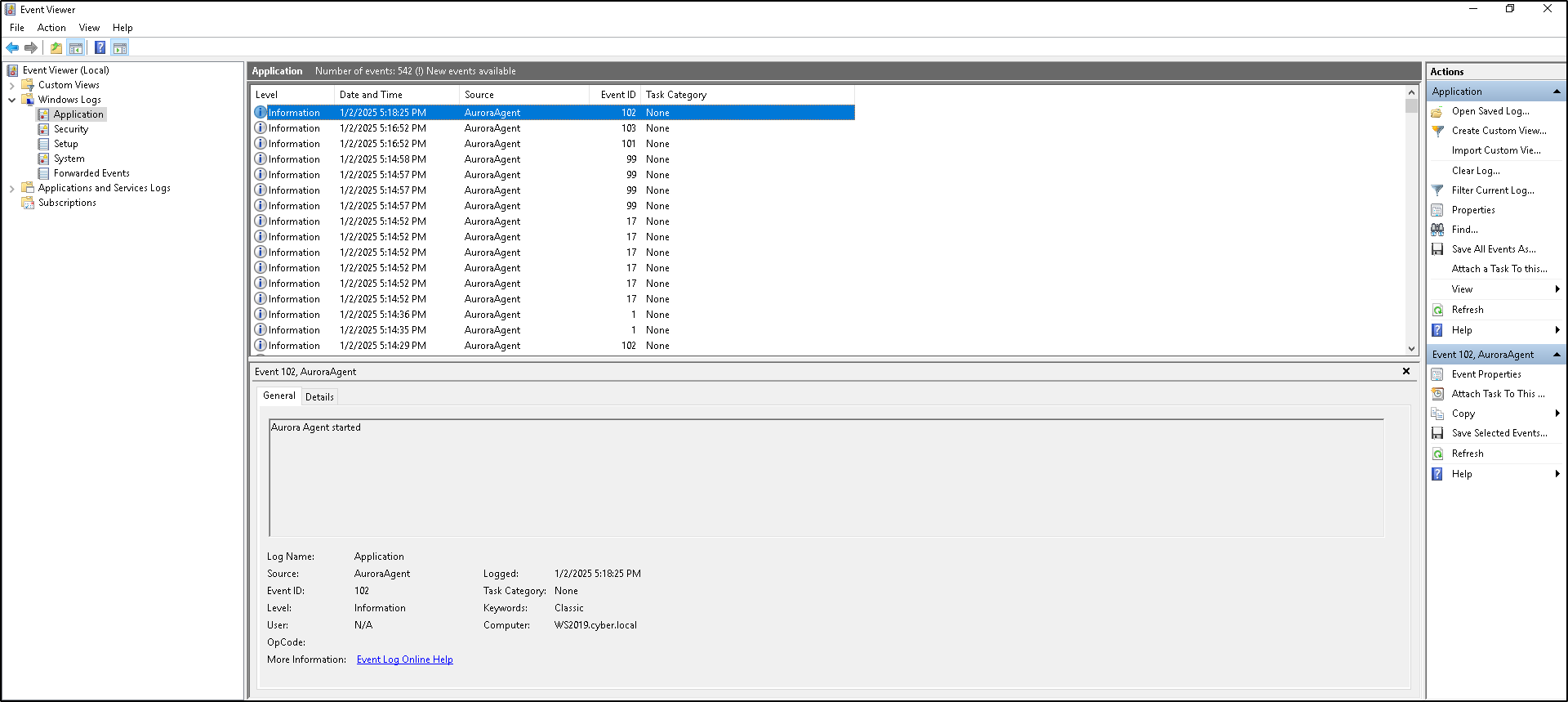 Command prompt showing a successful Aurora Agent service installation