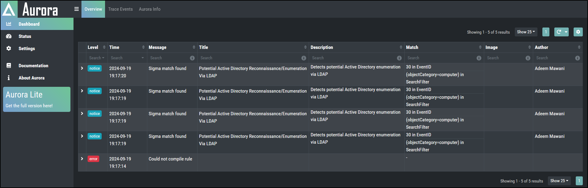 Aurora local dashboard showing events in the Overview table