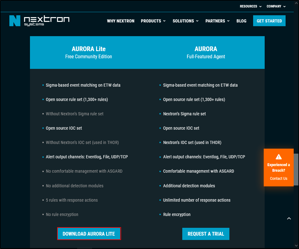 Aurora product page showing the Aurora Lite download option