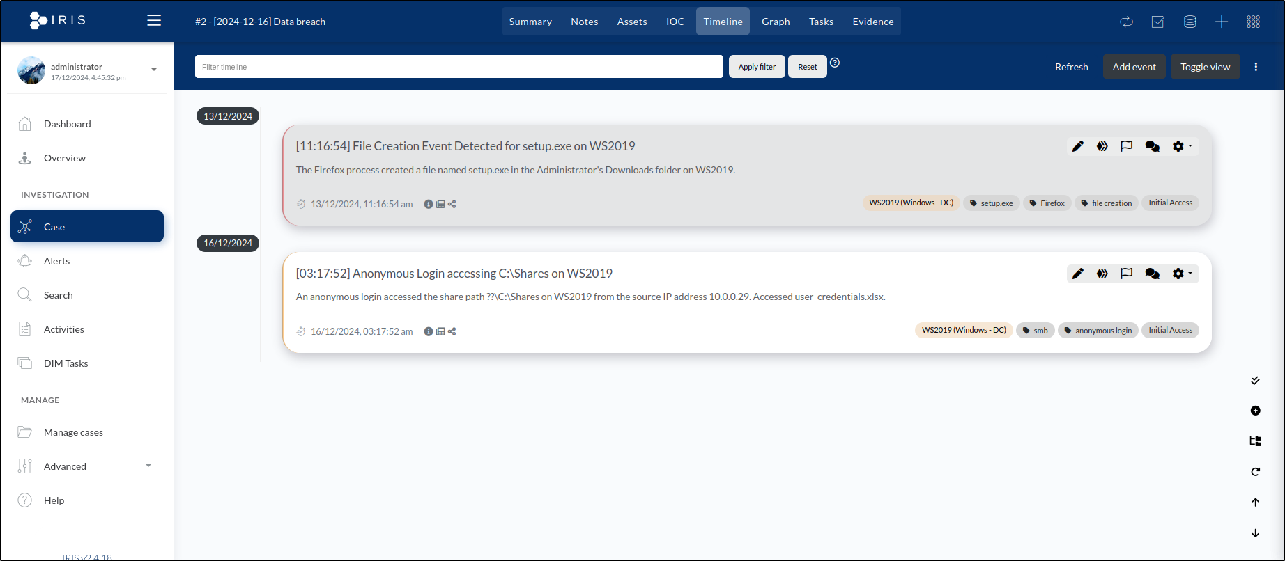 DFIR-IRIS timeline construction — step 27