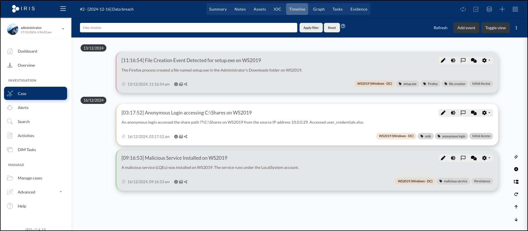 DFIR-IRIS timeline construction — step 30