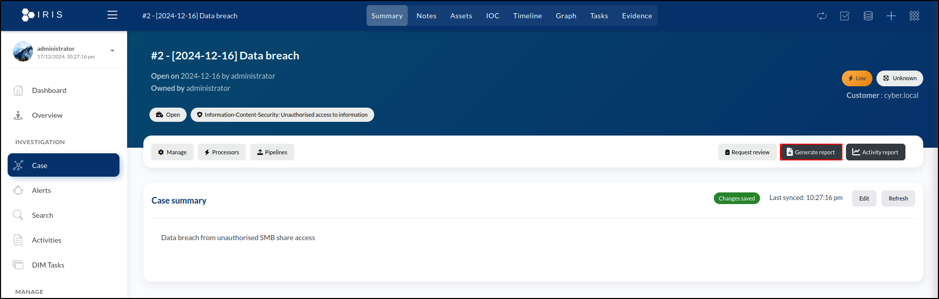DFIR-IRIS report generation — step 46