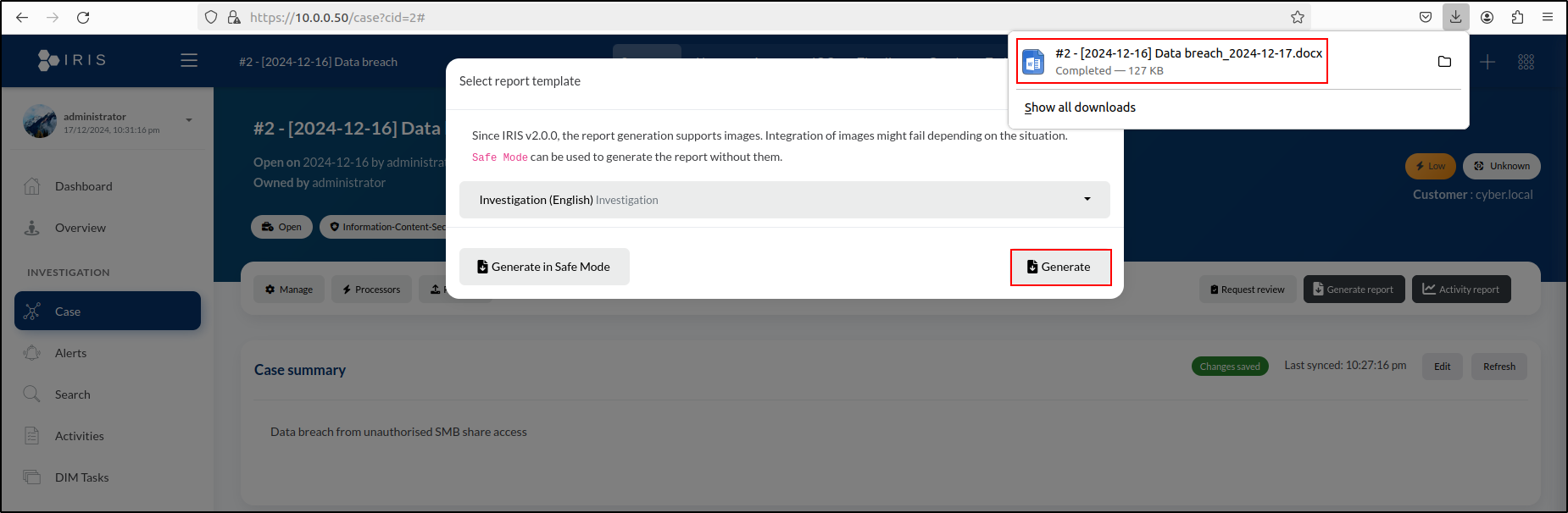 DFIR-IRIS report generation — step 47