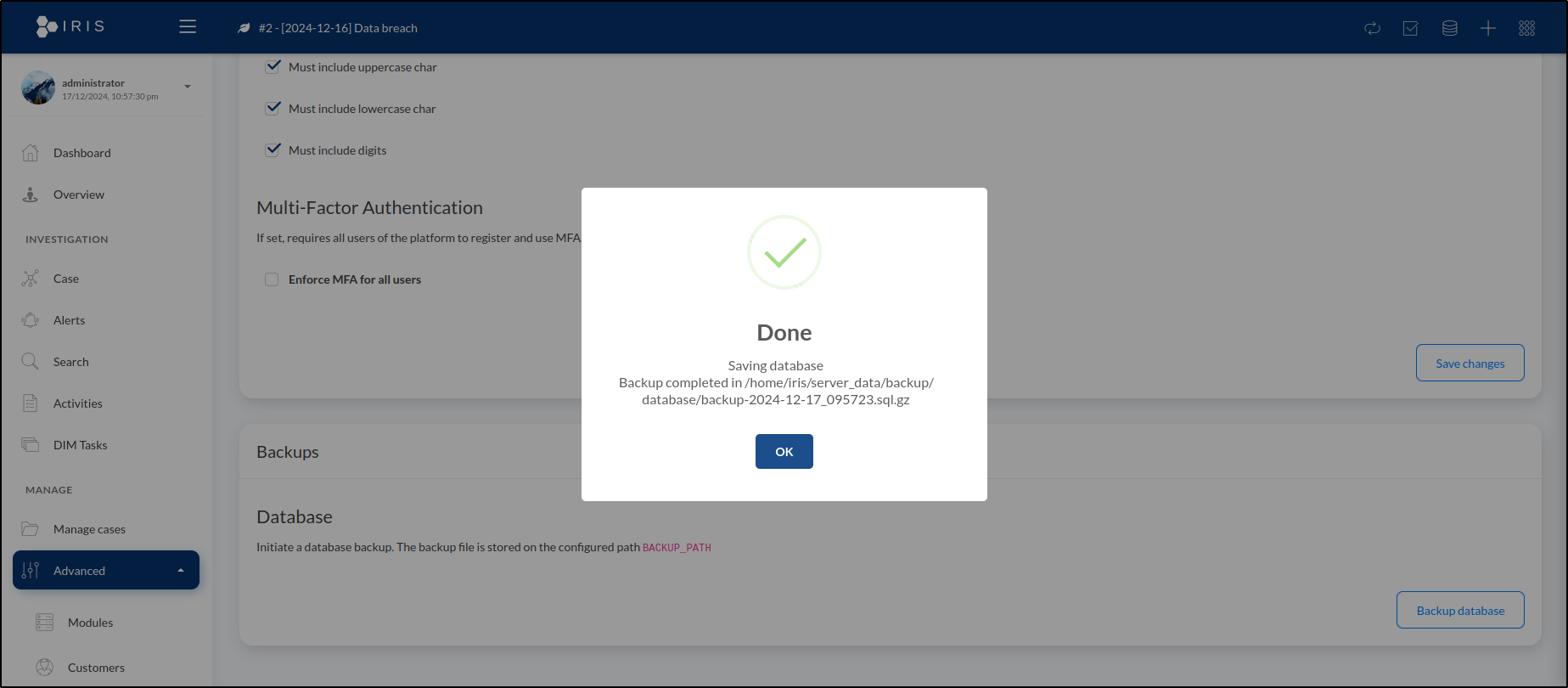 DFIR-IRIS case closure and backup — step 54