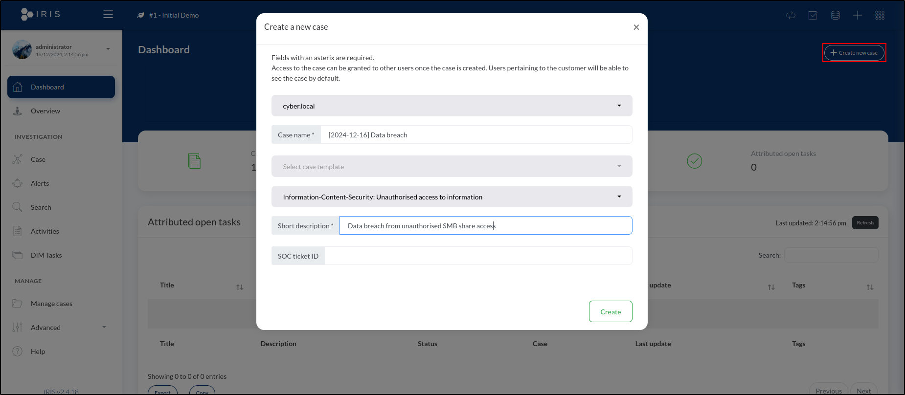 DFIR-IRIS case creation — step 8