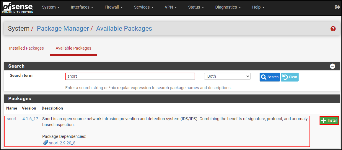 Historical pfSense Package Manager showing the Snort package