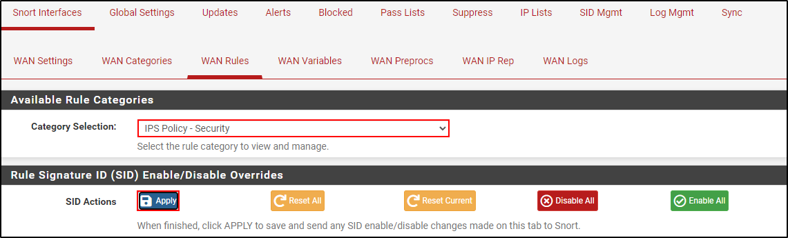 Historical WAN rules page showing application of the selected IPS policy