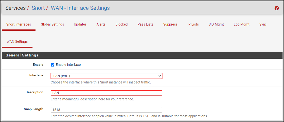Historical pfSense Snort interface configuration changed to the LAN interface