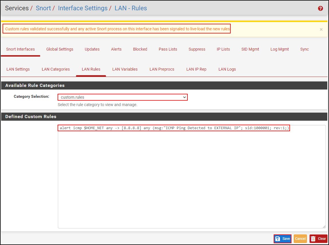 Historical custom.rules editor showing an alert-only ICMP rule