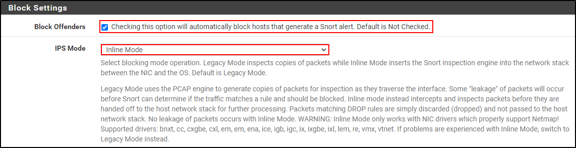 Historical Inline Mode block settings and driver warning