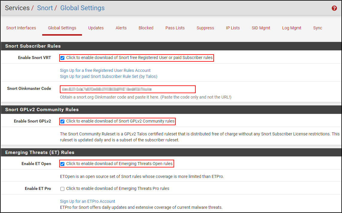 Historical Snort Global Settings showing VRT, GPLv2 and ET Open rule-source options