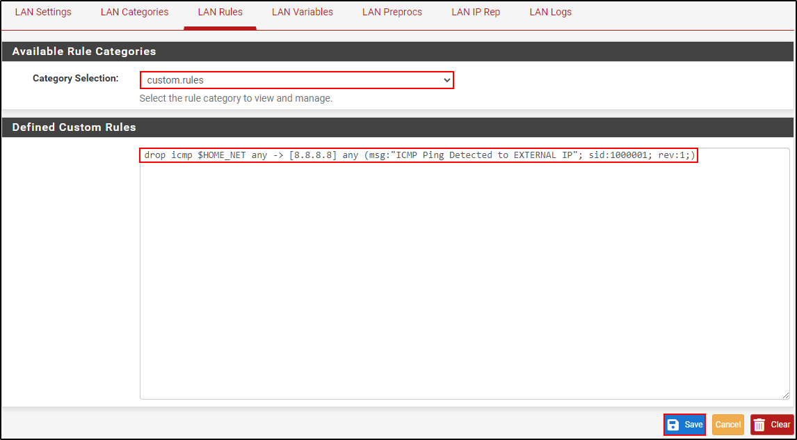 Historical custom.rules editor after changing the ICMP action to drop