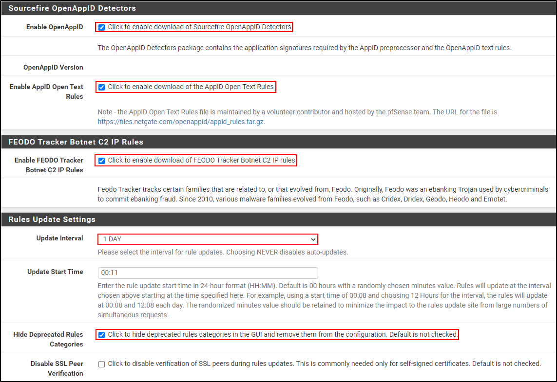 Historical Snort Global Settings showing OpenAppID, AppID text rules, FEODO and update settings