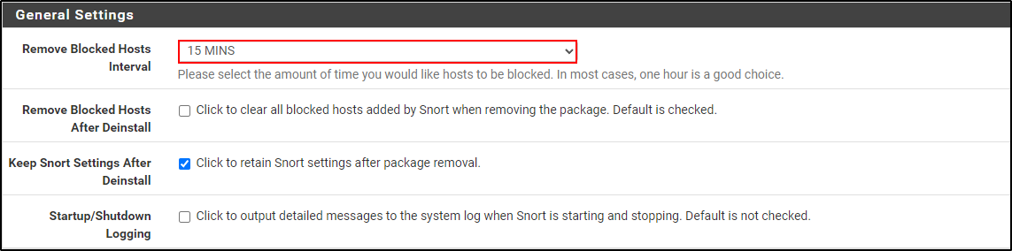 Historical Snort package settings for blocked-host retention and startup logging