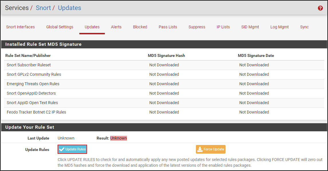 Snort Updates page before the historical PoC rules were downloaded