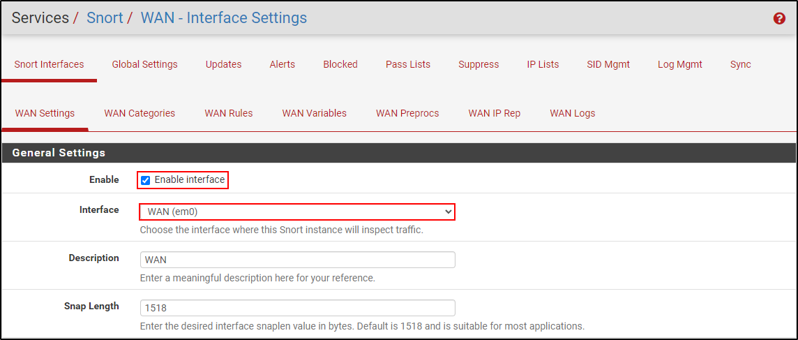 Historical Snort interface settings showing the selected WAN interface