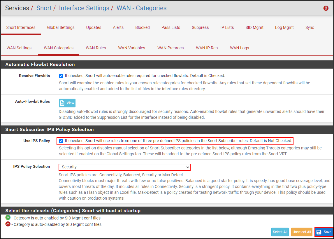 Historical WAN category settings showing the Security IPS policy