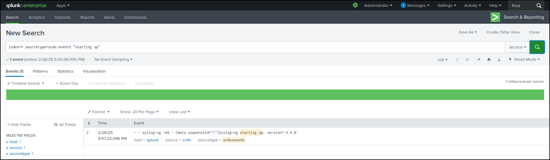 Splunk search showing the SC4S startup event