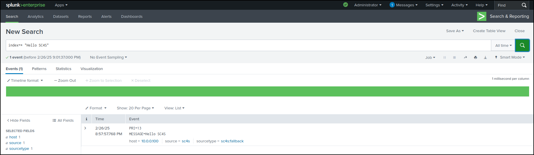 Splunk search result containing the Hello SC4S test message