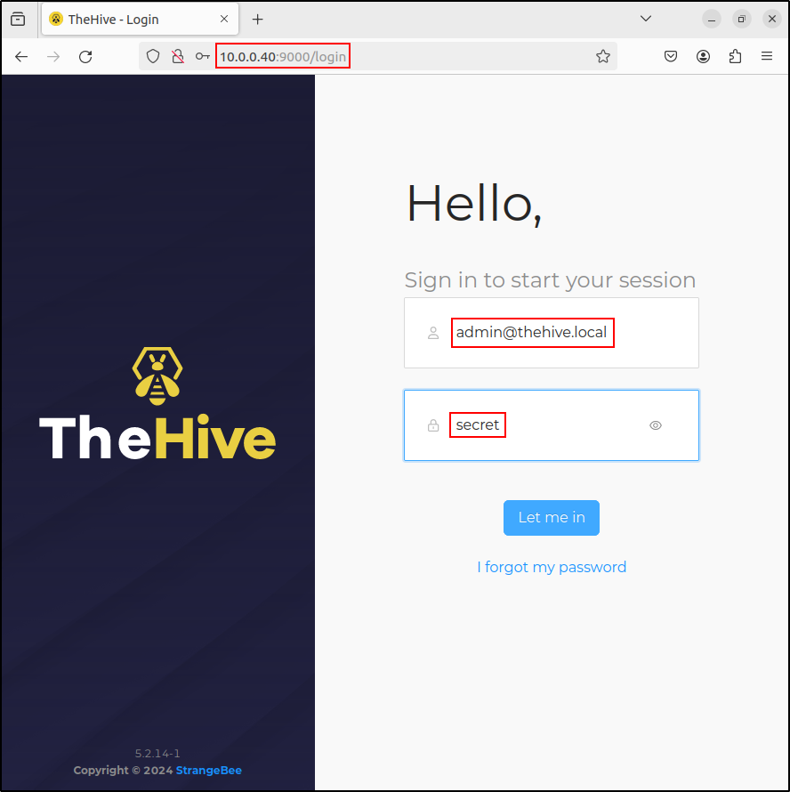 TheHive login page at 10.0.0.40:9000