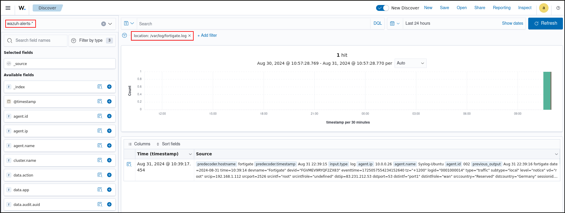 FortiGate events filtered by log location in Wazuh