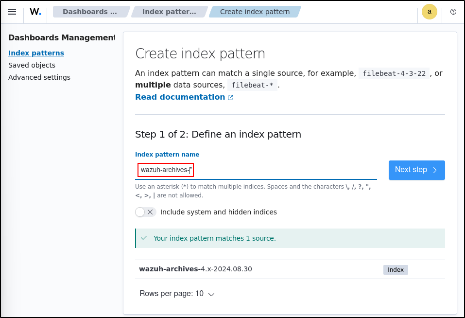 Creating the Wazuh archives index pattern