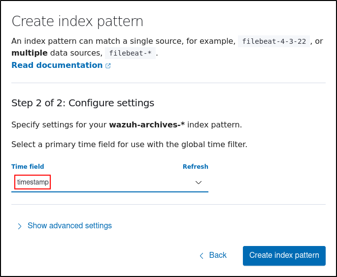 Selecting the timestamp field for the archives index pattern