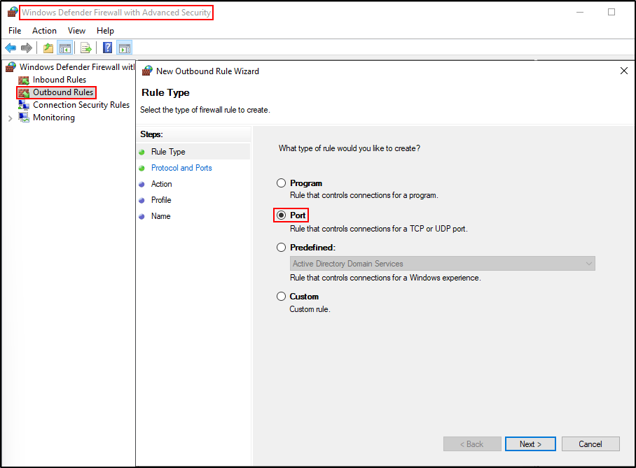 Windows Defender Firewall advanced settings