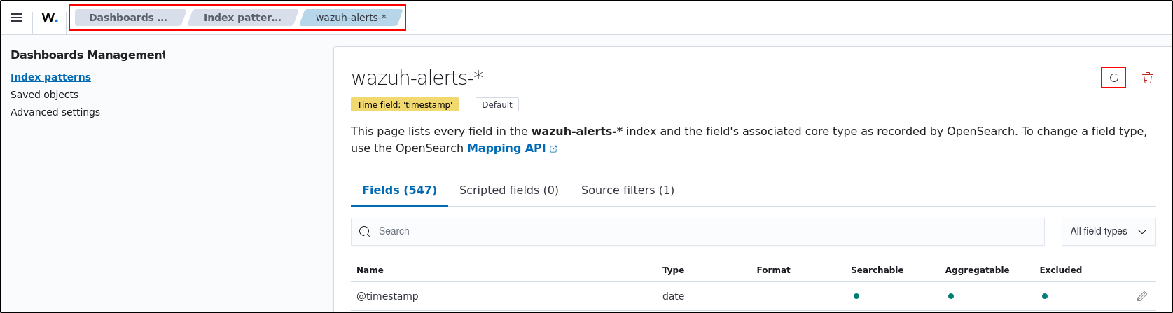 Refreshing fields for a Wazuh index pattern