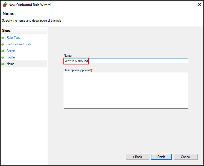 Completed Windows Firewall rule for Wazuh agent communication