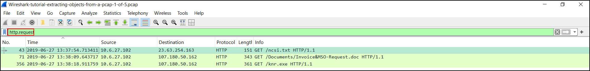 HTTP request display filter showing two requests to smart-fax
