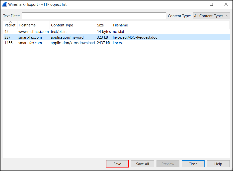 Wireshark Export HTTP Objects list containing a document and executable