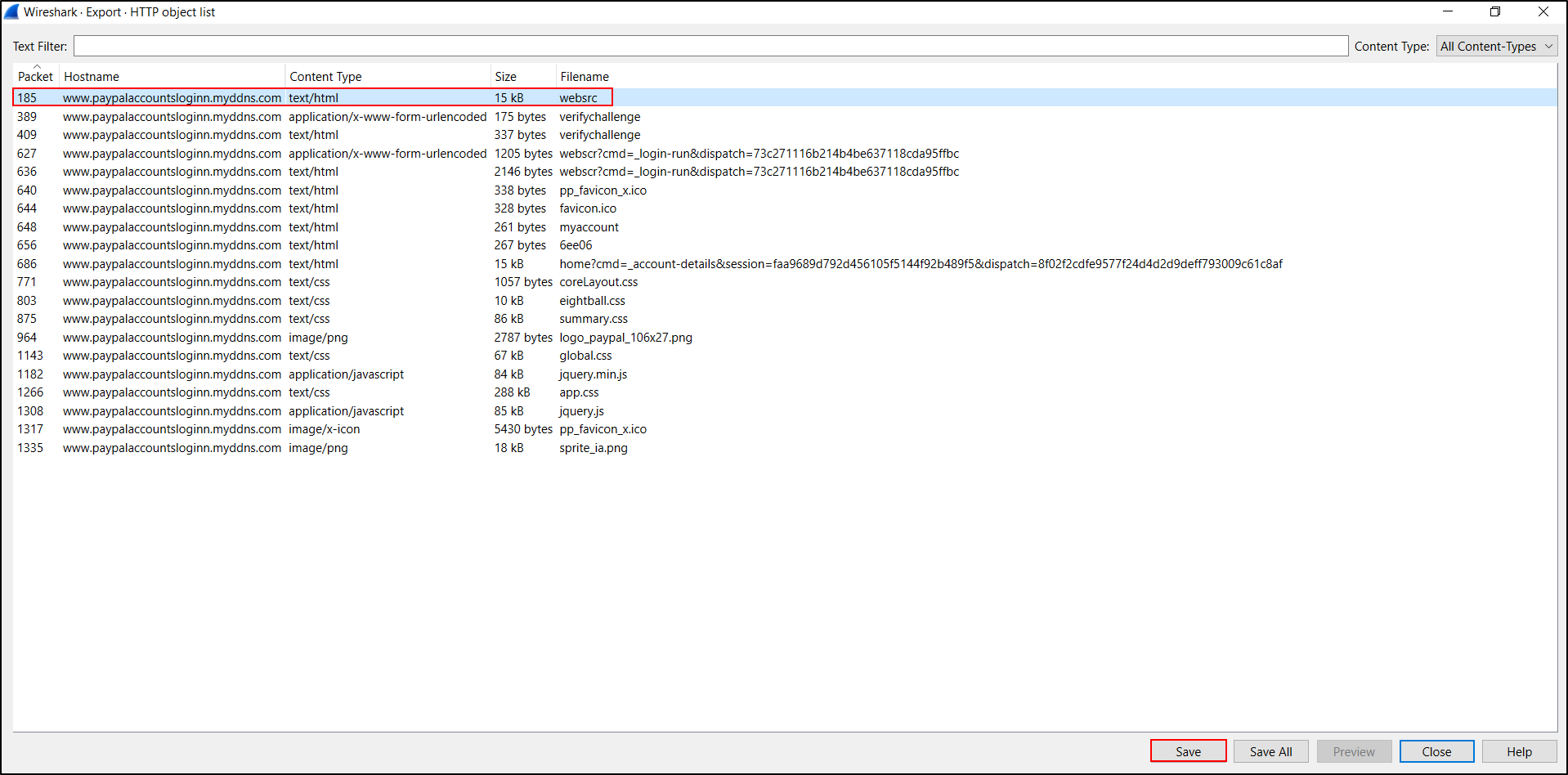 Wireshark HTTP object list for the captured phishing page