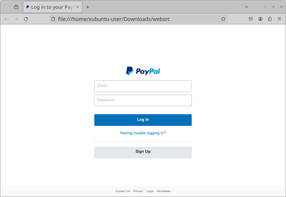Exported phishing page rendered in the isolated analysis environment