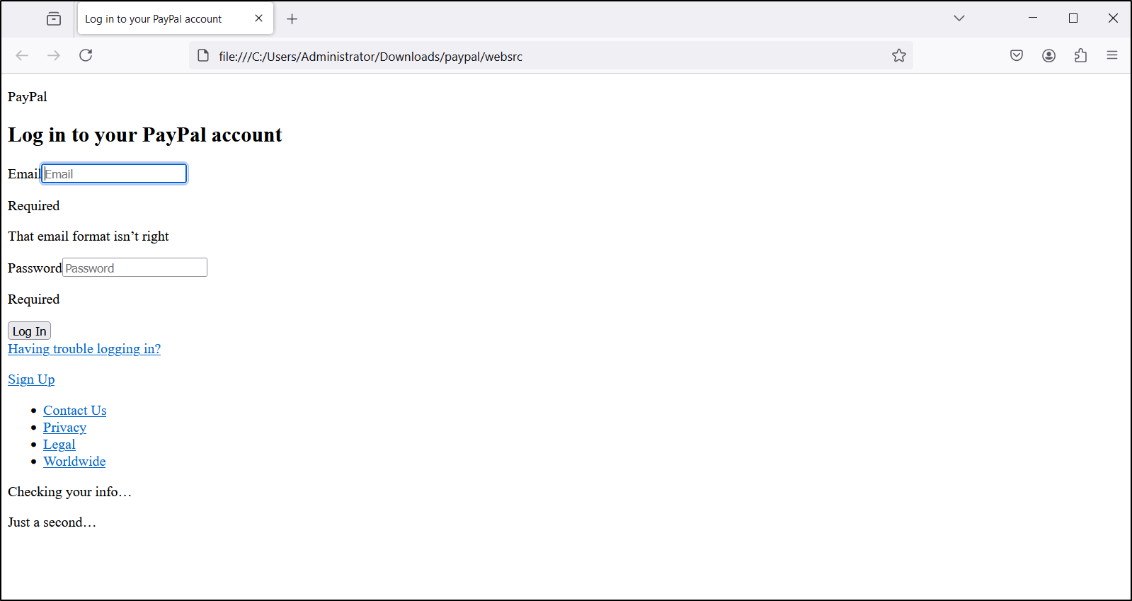 Alternative rendering of the exported phishing page