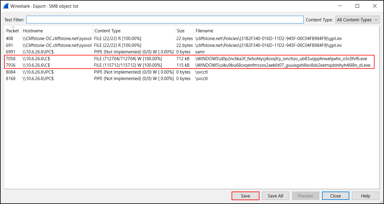 Wireshark Export SMB Objects list showing files transferred to the domain controller