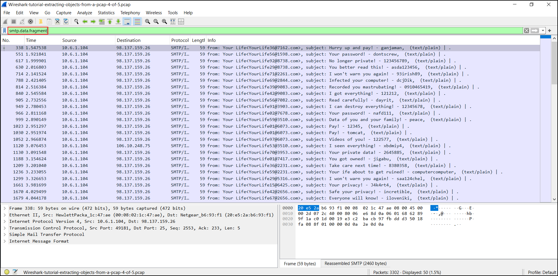 SMTP data fragments showing spam subject lines in Wireshark