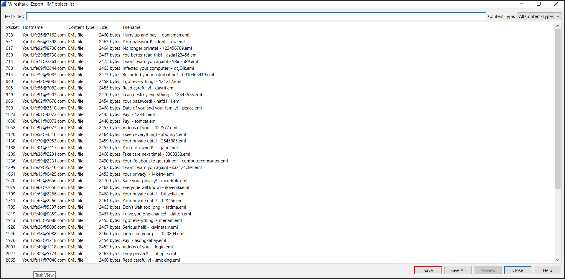 Wireshark Export IMF Objects list containing email messages