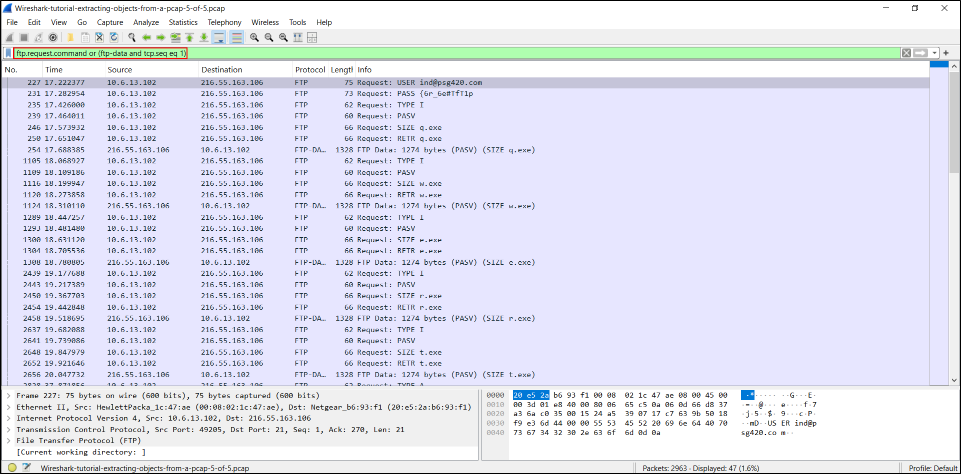 FTP request and data traffic filtered in Wireshark
