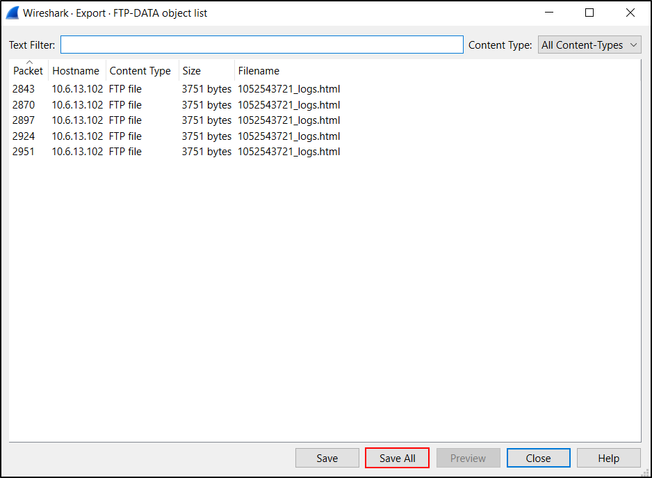 Wireshark Export FTP-DATA Objects list