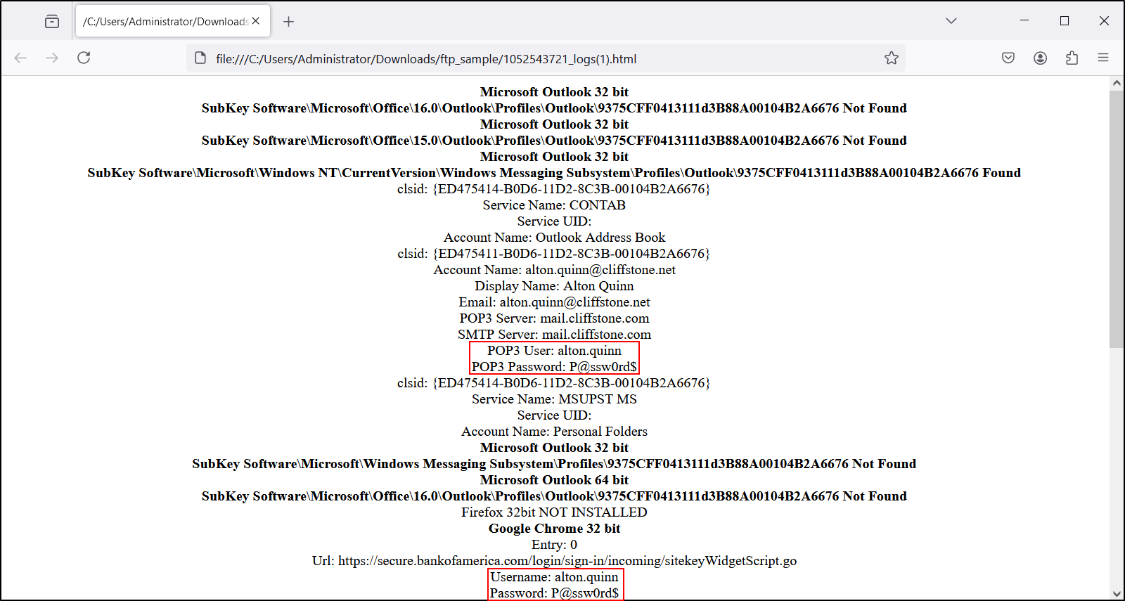 Exported FTP HTML data reviewed as text