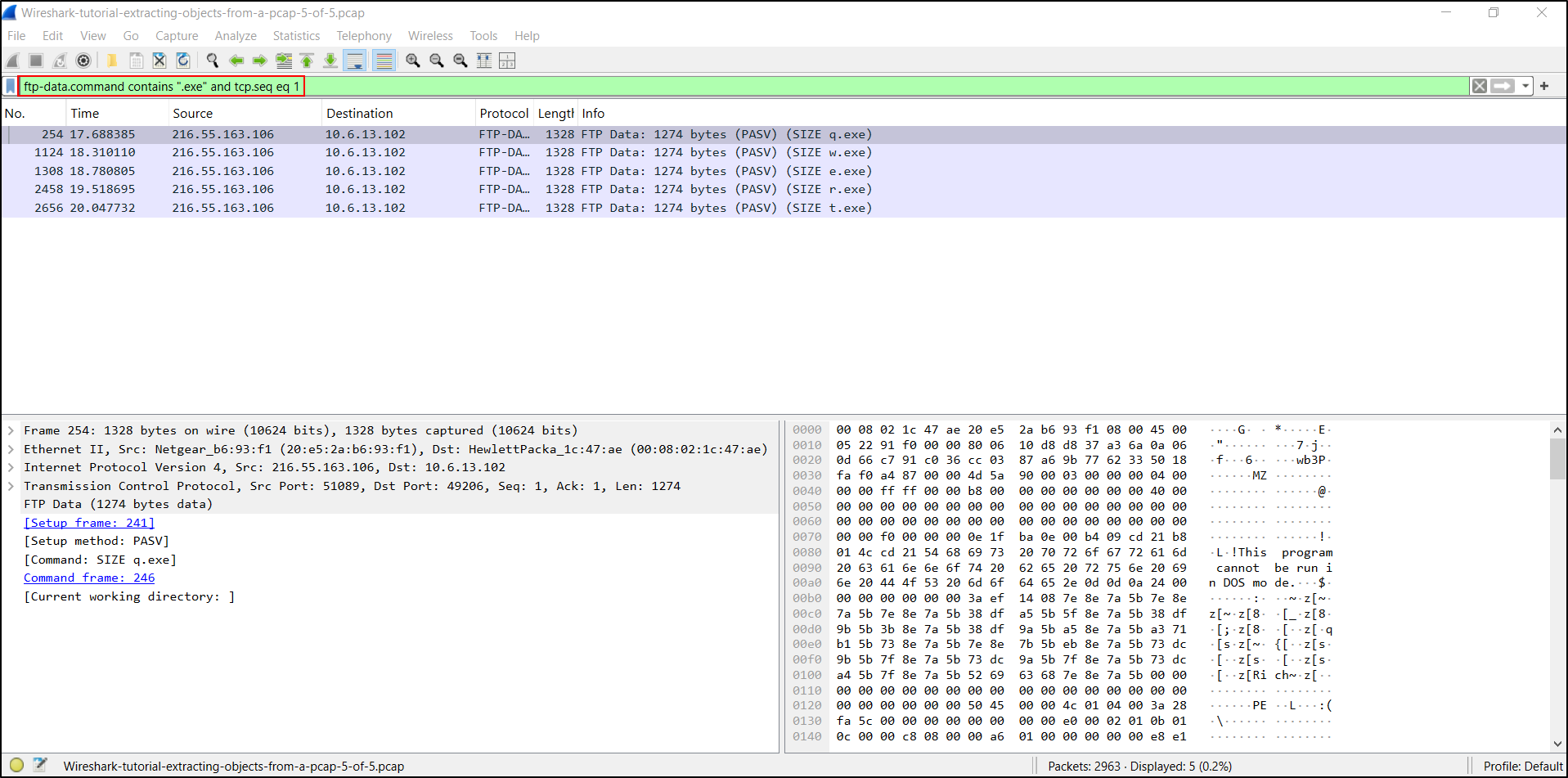FTP data streams associated with executable-file retrievals
