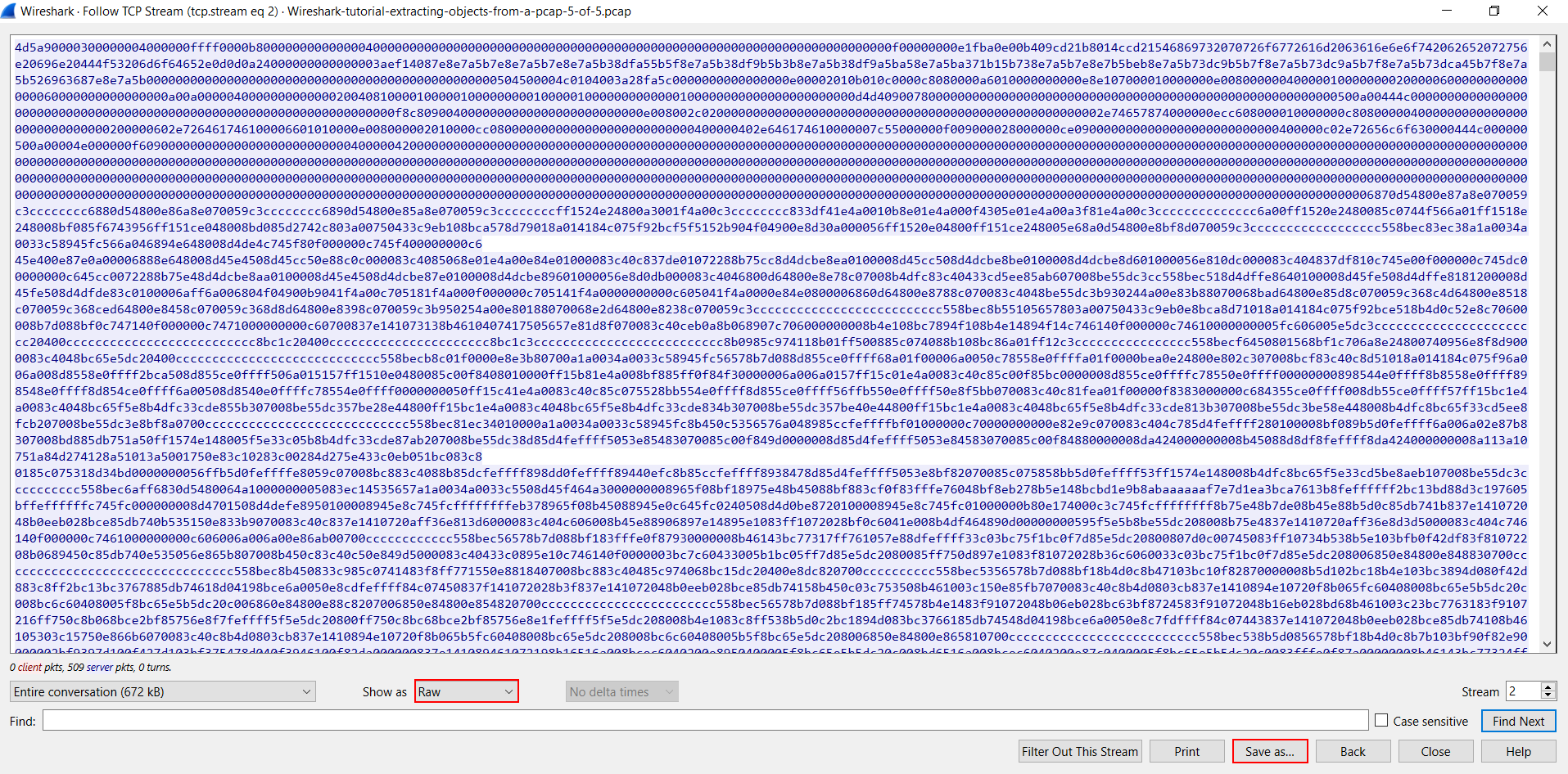 Wireshark TCP stream displayed as raw data for safe export