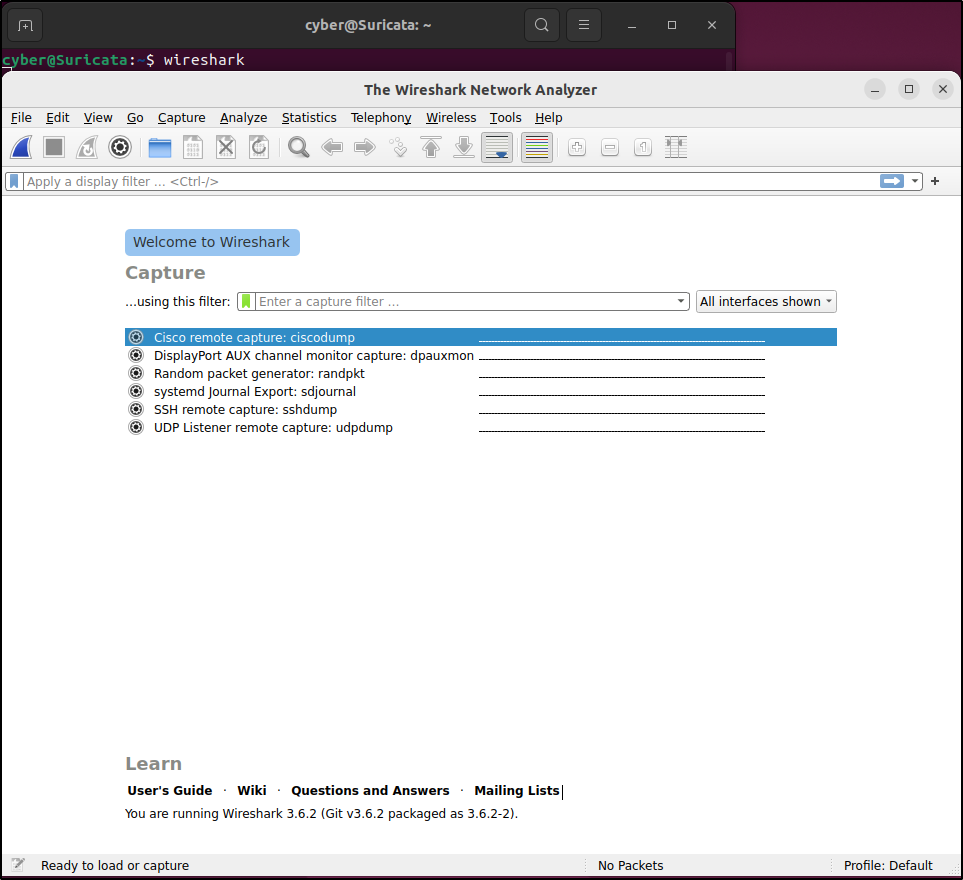 Wireshark running on the offline Linux analysis host
