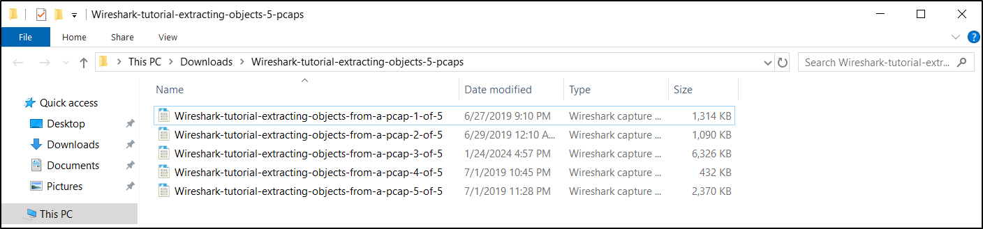 Five Unit 42 PCAP files extracted inside the isolated analysis VM