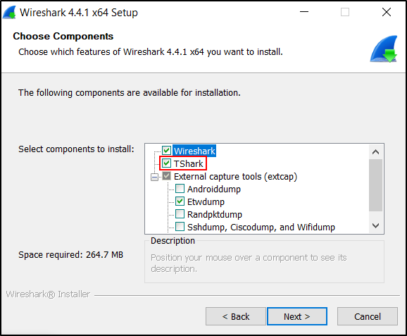 Wireshark installer component-selection screen